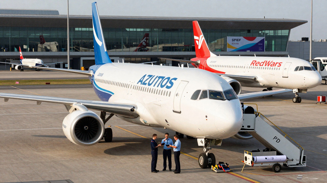 Aviões das companhias Azul e RedWars estacionados no aeroporto com funcionários próximos na área de embarque.