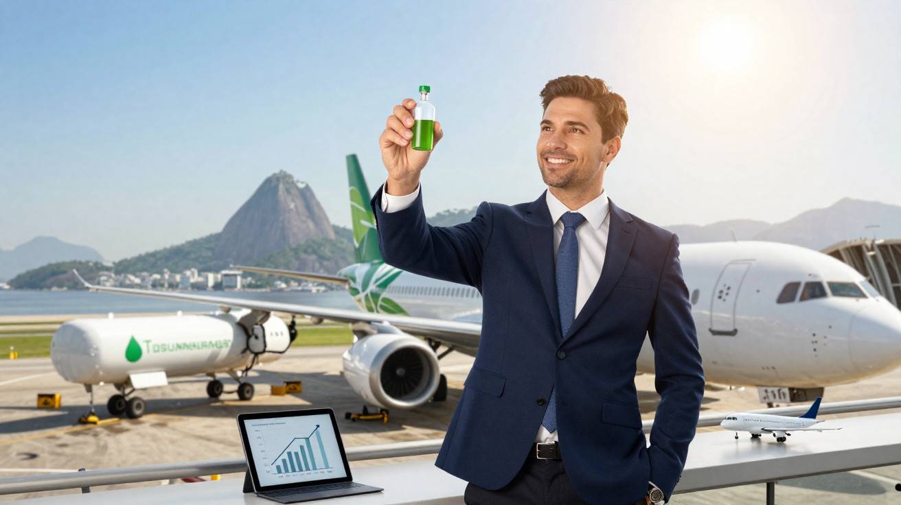 Homem de terno segurando frasco verde no aeroporto, com avião e gráfico de crescimento ao fundo.