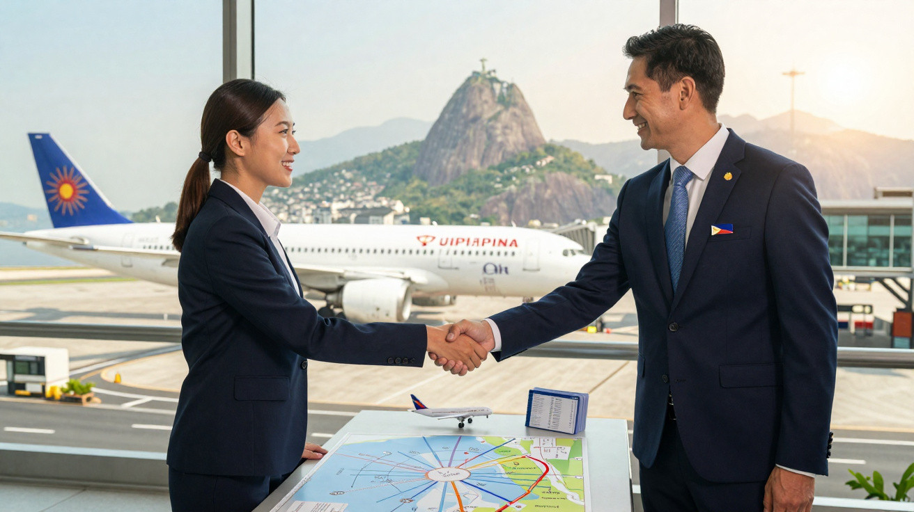 Dois profissionais de negócios apertam as mãos em aeroporto com avião e o Cristo Redentor ao fundo.