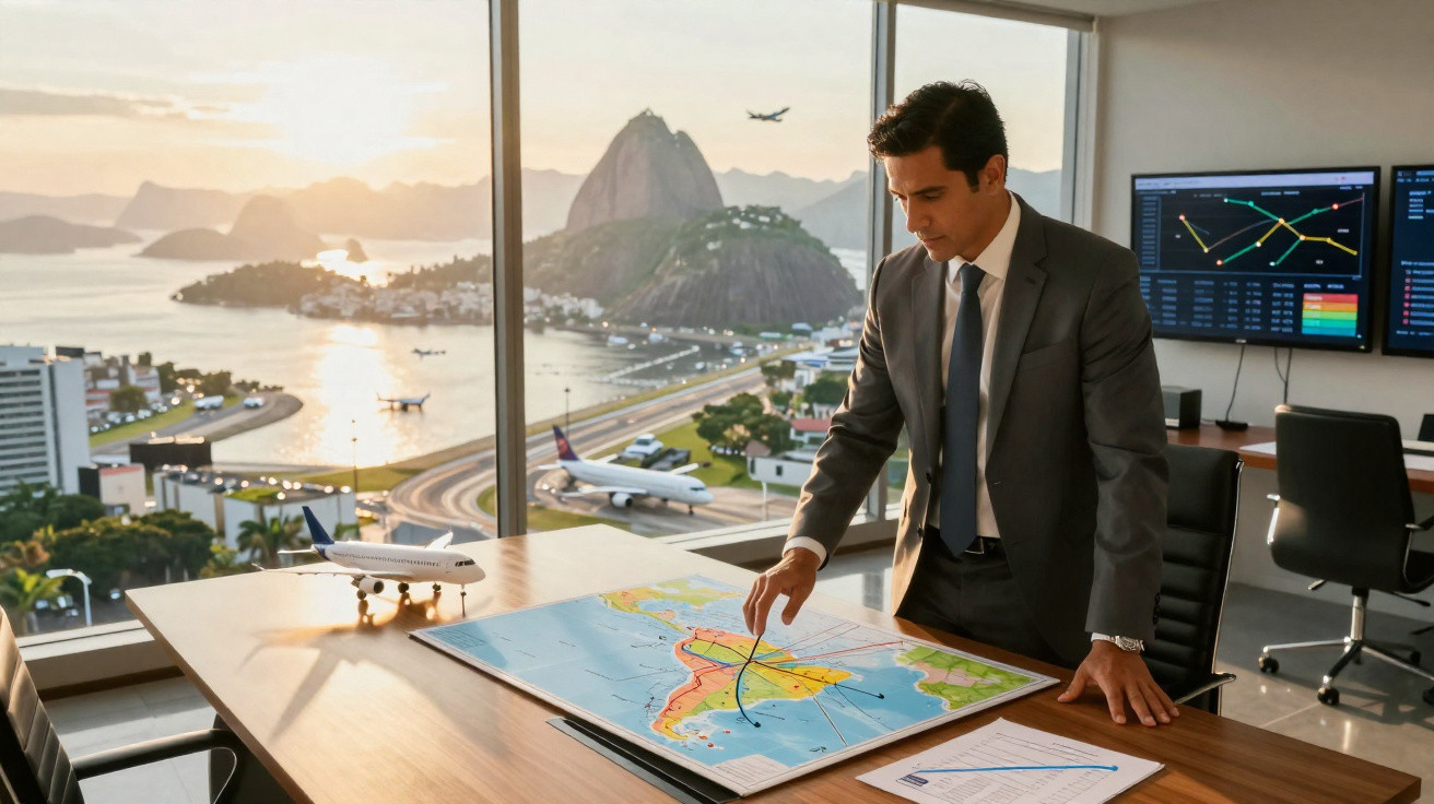Homem de terno analisa mapa de rotas aéreas em escritório com vista para o Pão de Açúcar no Rio de Janeiro.