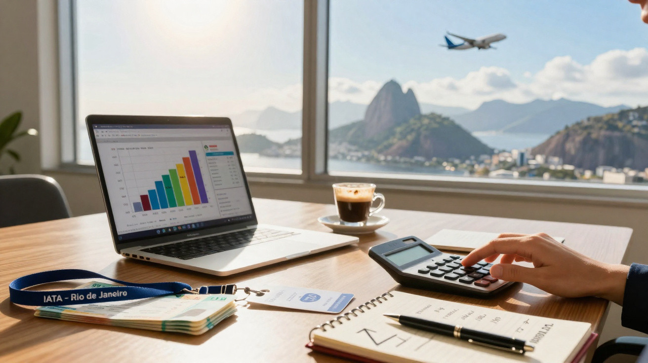 Mesa com laptop, calculadora, caderno, crachá e vista do Pão de Açúcar e avião no Rio de Janeiro.