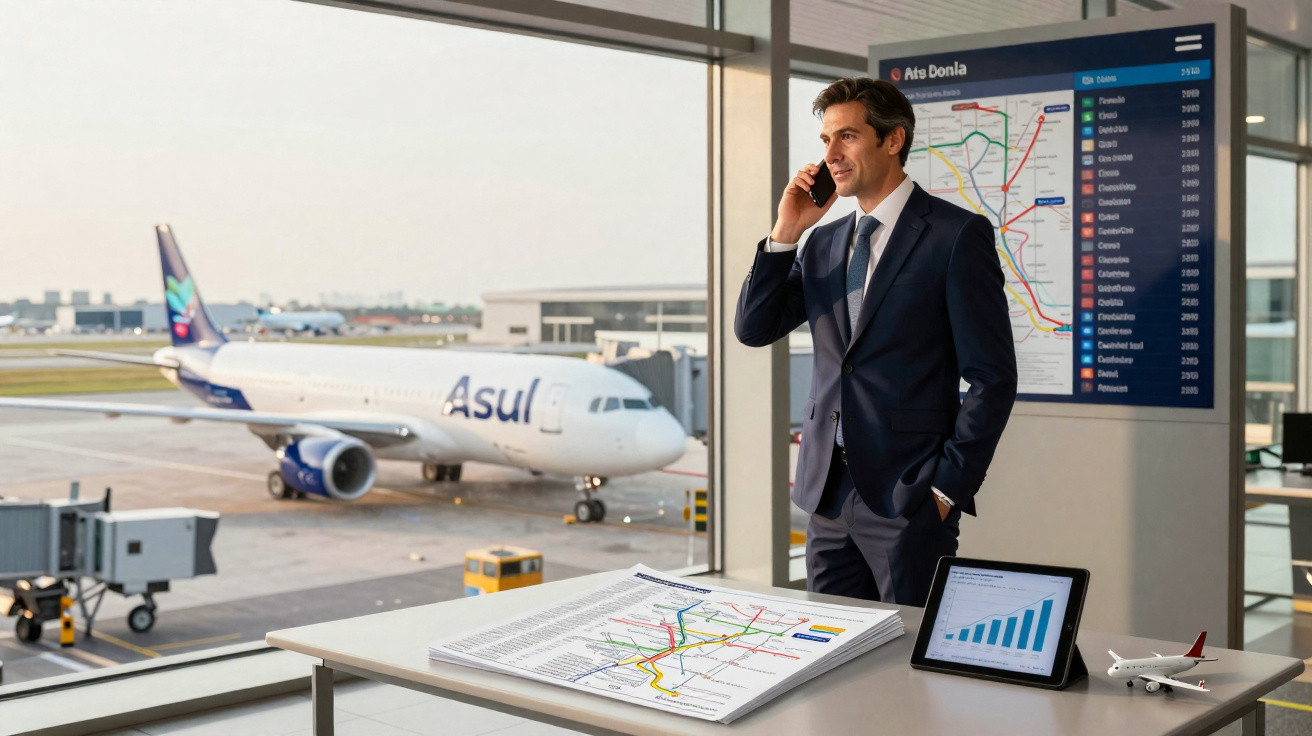 Homem de terno falando ao celular em aeroporto com avião Azul e mapas em mesa e parede ao fundo.