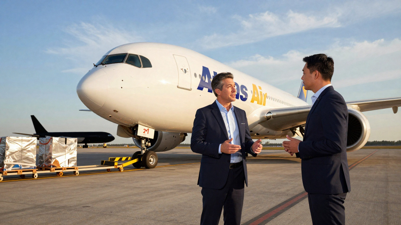 Dois homens de terno conversam em pé próximo a avião branco estacionado no aeroporto ao entardecer.
