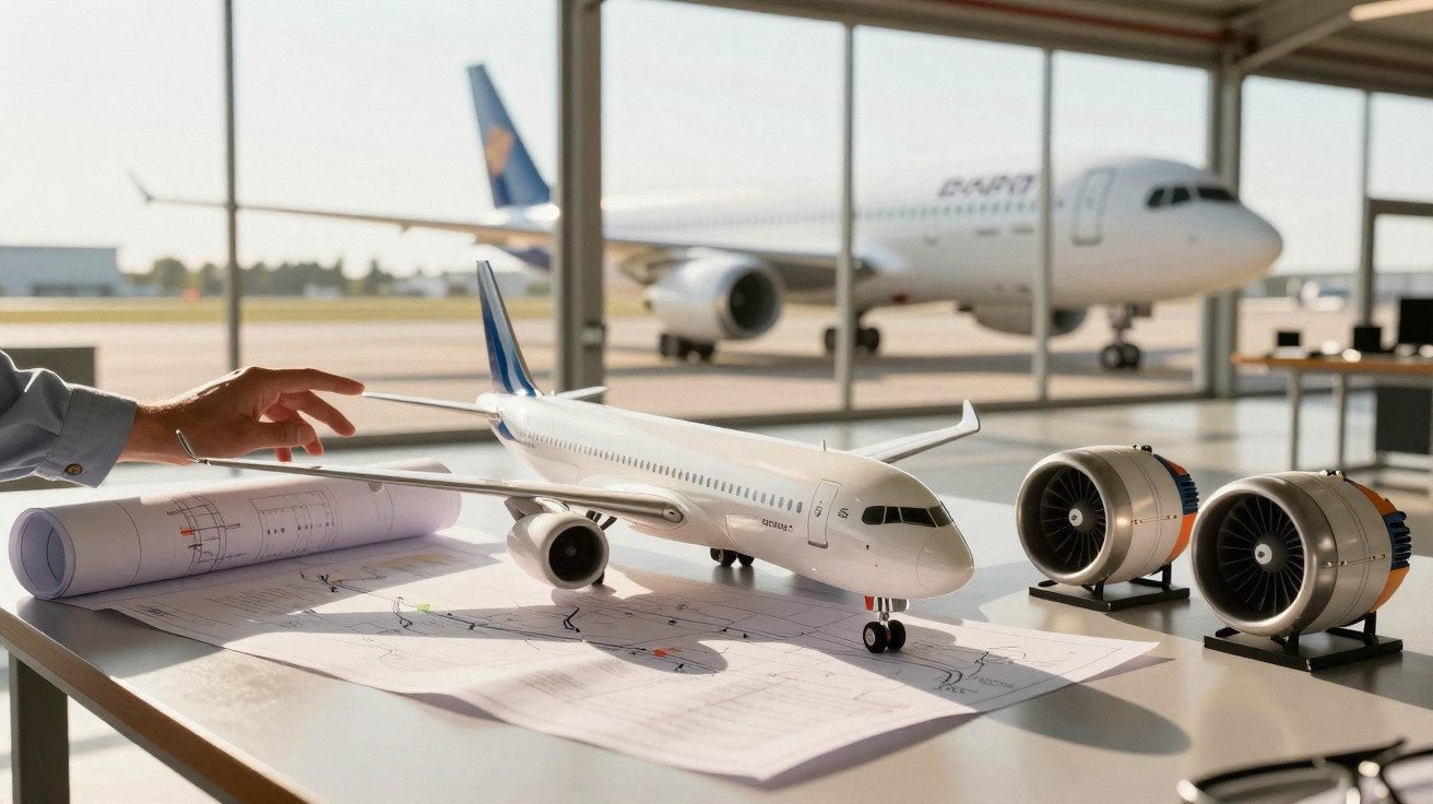 Modelo de avião em mesa com planta baixa, motores ao lado e avião real ao fundo em hangar.