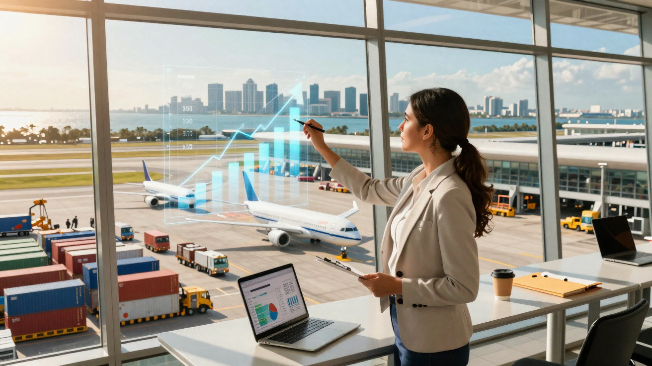 Mulher analisando gráficos transparentes em janela do aeroporto com aviões e contêineres ao fundo.