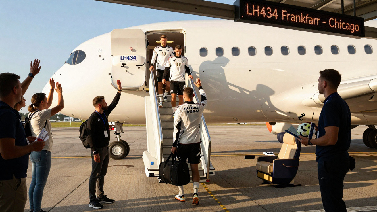 Jogadores de futebol descendo de avião com pessoas acenando no aeroporto durante o dia.