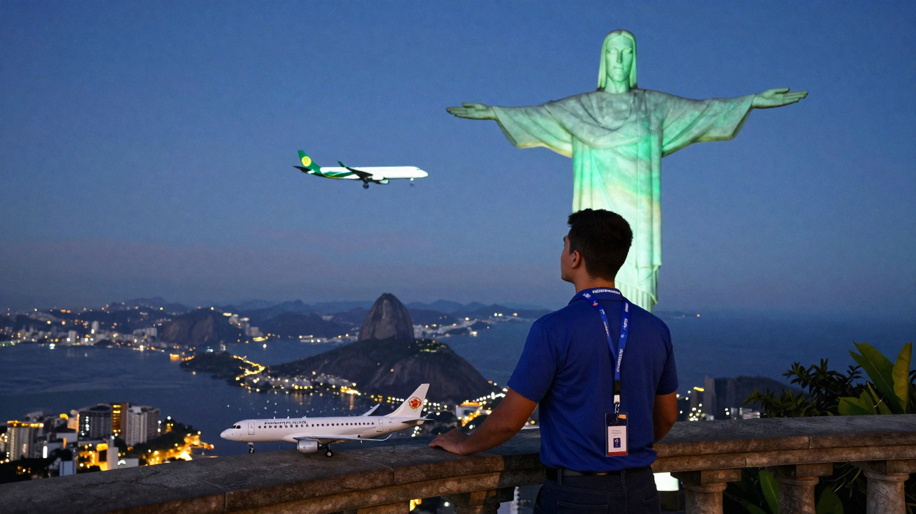 Homem observa avião passando perto do Cristo Redentor com vista da Baía de Guanabara ao anoitecer.