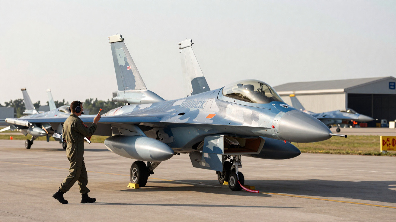 Caça F-16 estacionado na pista com piloto em uniforme próximo, e outros jatos ao fundo em base aérea.