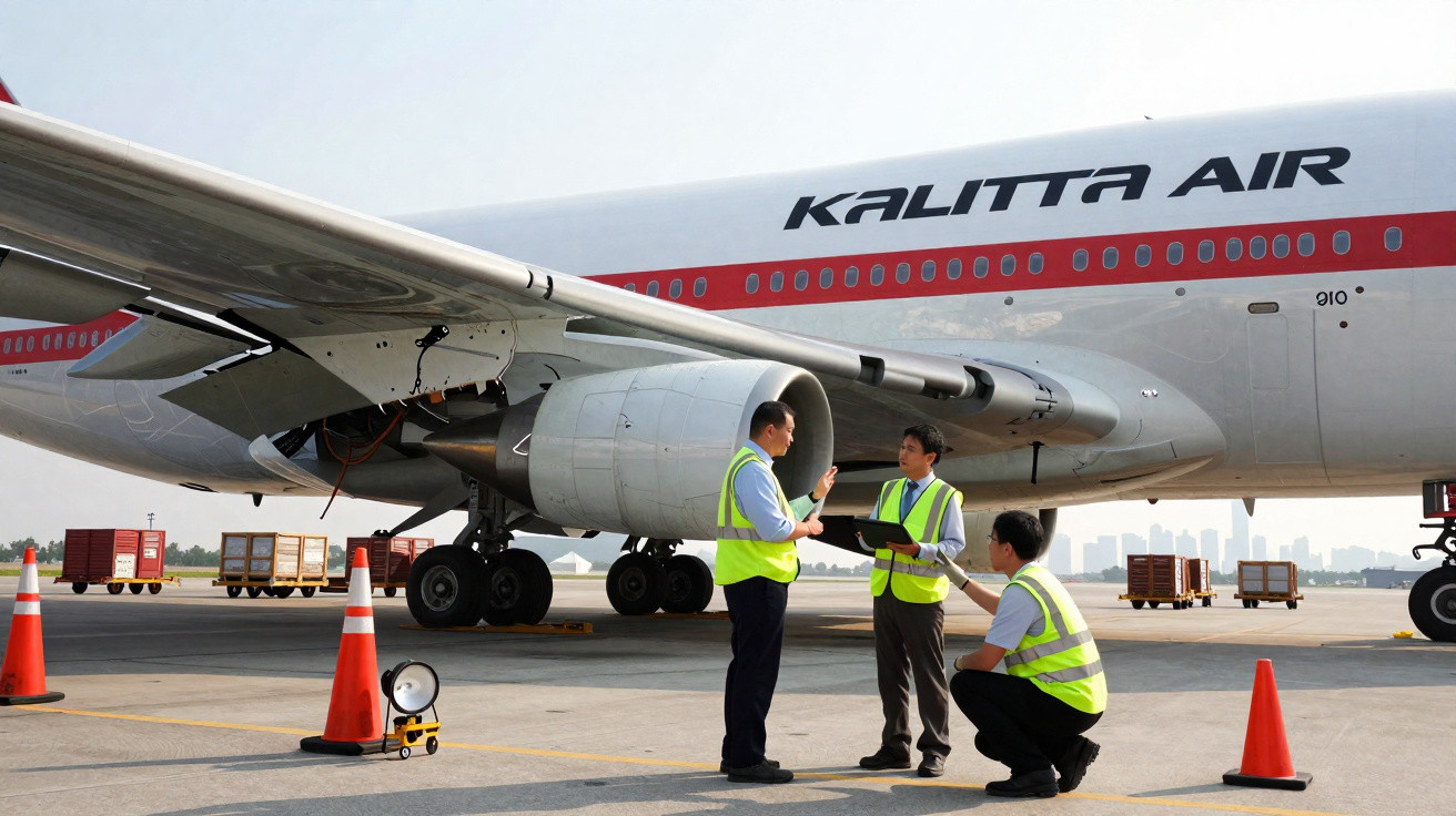 Avião Kalitta Air no aeroporto com três funcionários em coletes refletivos realizando inspeção.