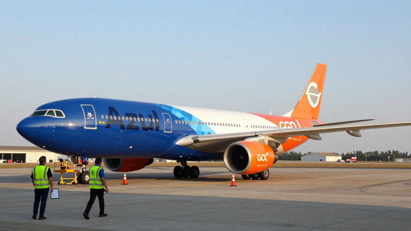 Avião Airbus A330 com pintura Azul e GOL em pátio de aeroporto, com duas pessoas de colete refletivo próximo.