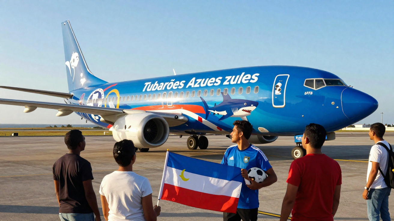 Avião com a pintura "Tubarões Azues Zules" e cinco pessoas na pista segurando bandeira e bola de futebol.