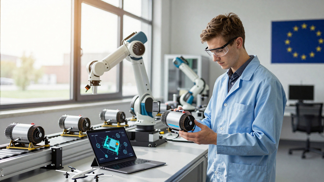 Homem em laboratório de robótica segurando componente eletrônico próximo a braços robóticos e notebook.