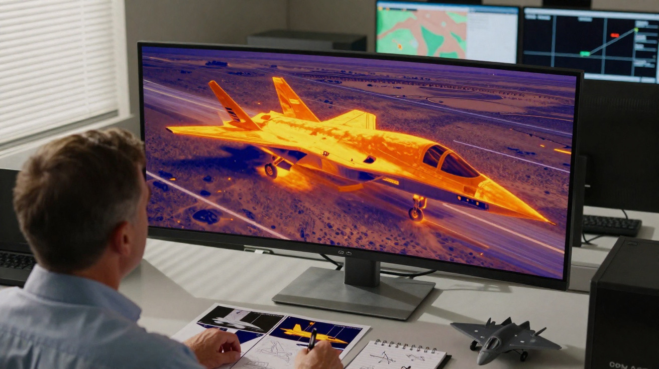 Homem analisa imagem térmica de jato futurista em monitor ultrawide em escritório moderno.