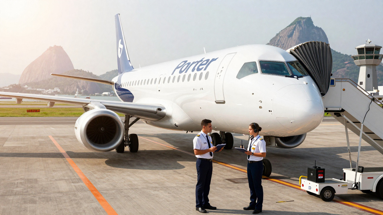 Avião da Porter no aeroporto do Rio de Janeiro com duas pessoas em uniforme conversando na pista.