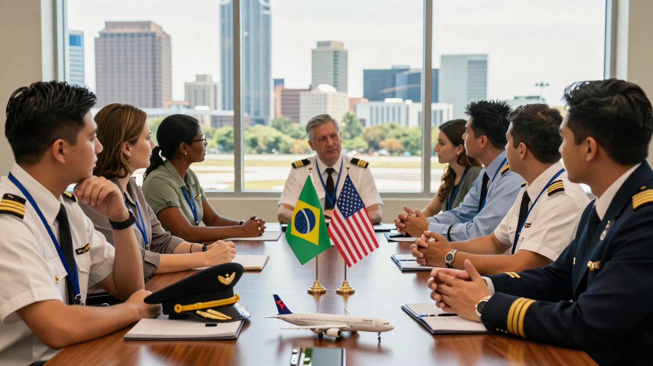Reunião profissional de pilotos e comissários com bandeiras do Brasil e EUA em sala com vista para cidade.