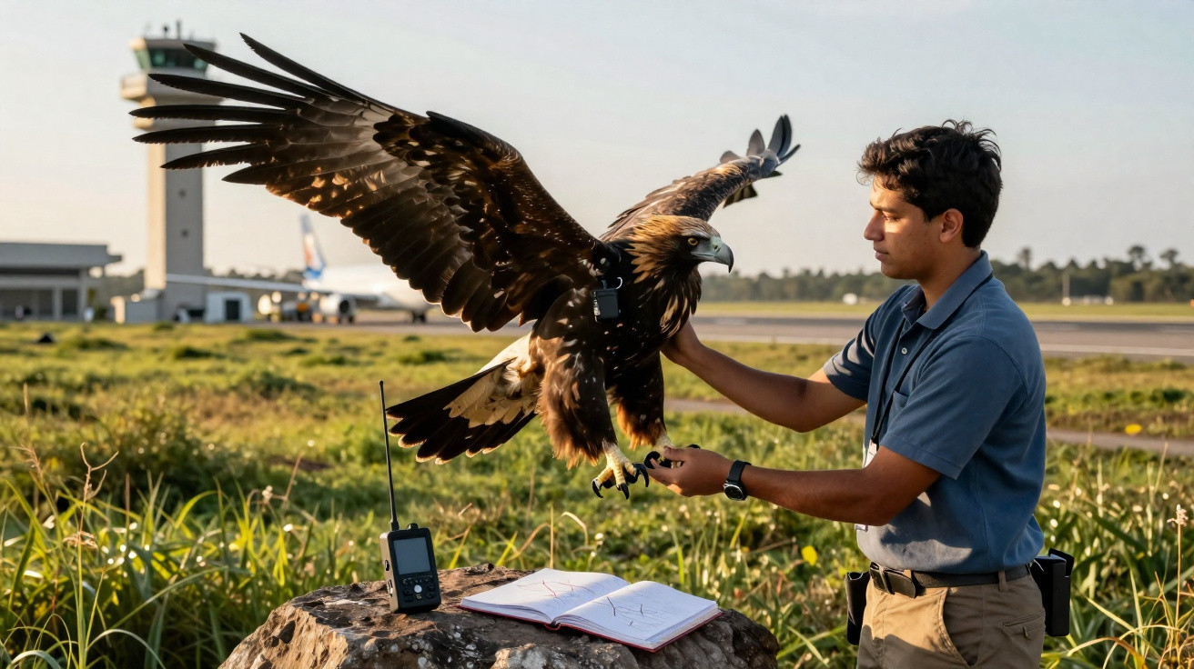 Homem segura águia com asas abertas próximo a rádio e caderno em área verde perto de aeroporto.