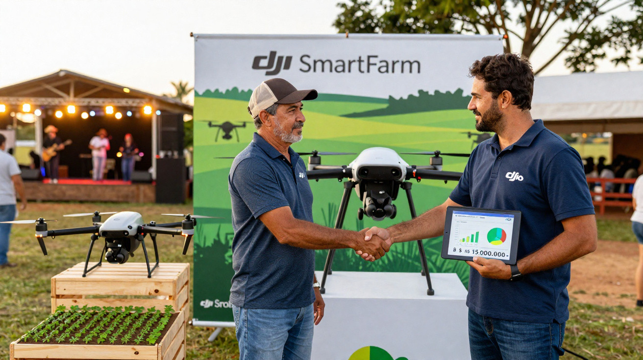 Dois homens apertando mãos em evento ao ar livre com drones agrícolas e banner DJI SmartFarm ao fundo.