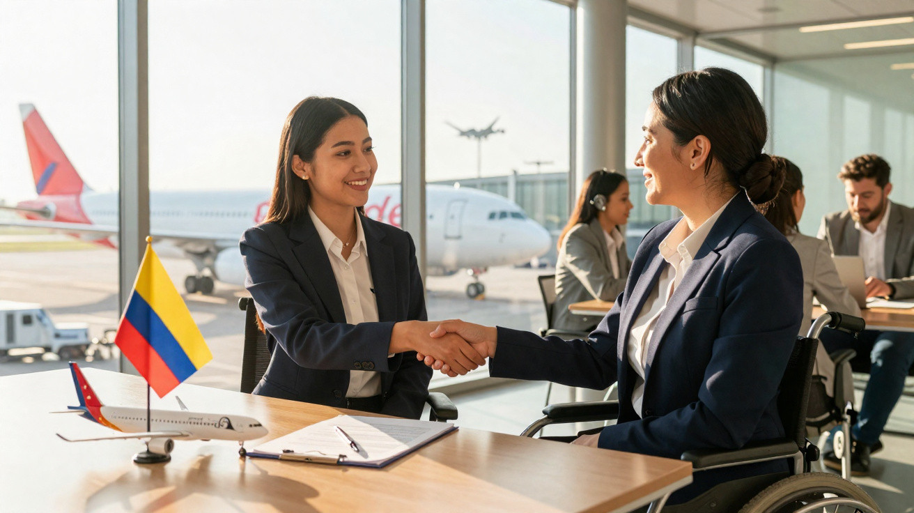 Duas mulheres sorrindo e apertando as mãos em aeroporto com avião ao fundo e miniatura de avião na mesa.