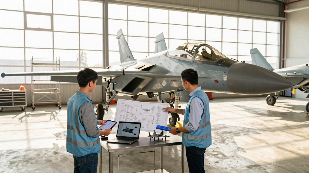 Dois engenheiros analisam plantas e maquete de avião próximo a caça militar em hangar iluminado.