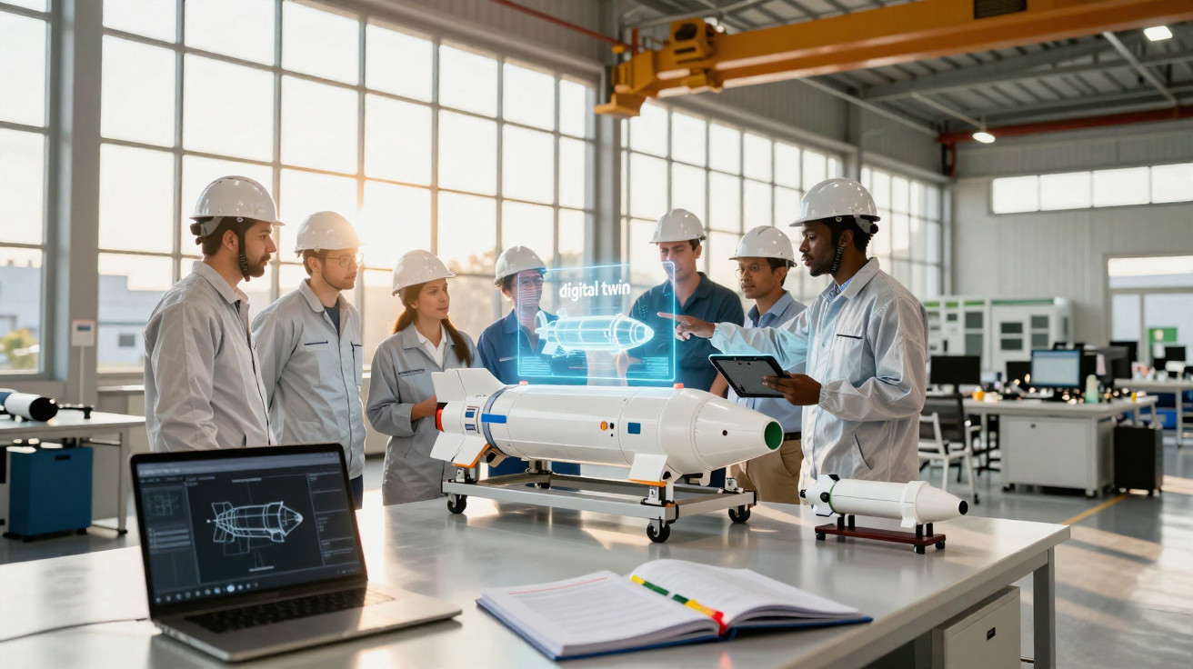 Grupo de engenheiros com capacetes analisando modelo digital de foguete em laboratório moderno.