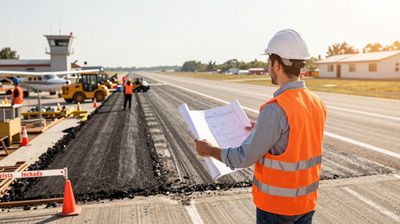 Homem com capacete e colete laranja observa construção de pista de aeroporto ao ar livre.
