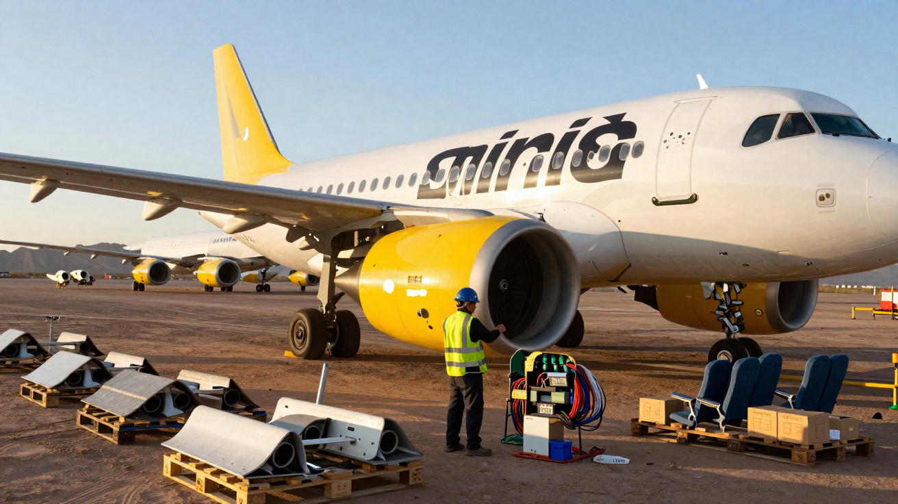 Funcionário inspecionando motor de avião da companhia aérea Sminic em área de manutenção ao ar livre.