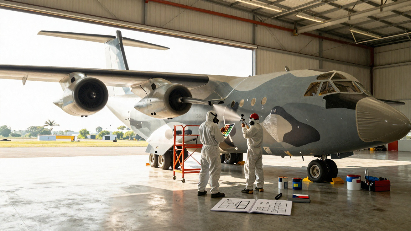 Avião militar cinza em hangar com duas pessoas de macacão branco e equipamentos na manutenção.