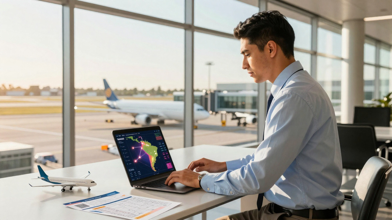 Homem em aeroporto trabalhando em laptop com mapa de rotas aéreas da América do Sul na tela.