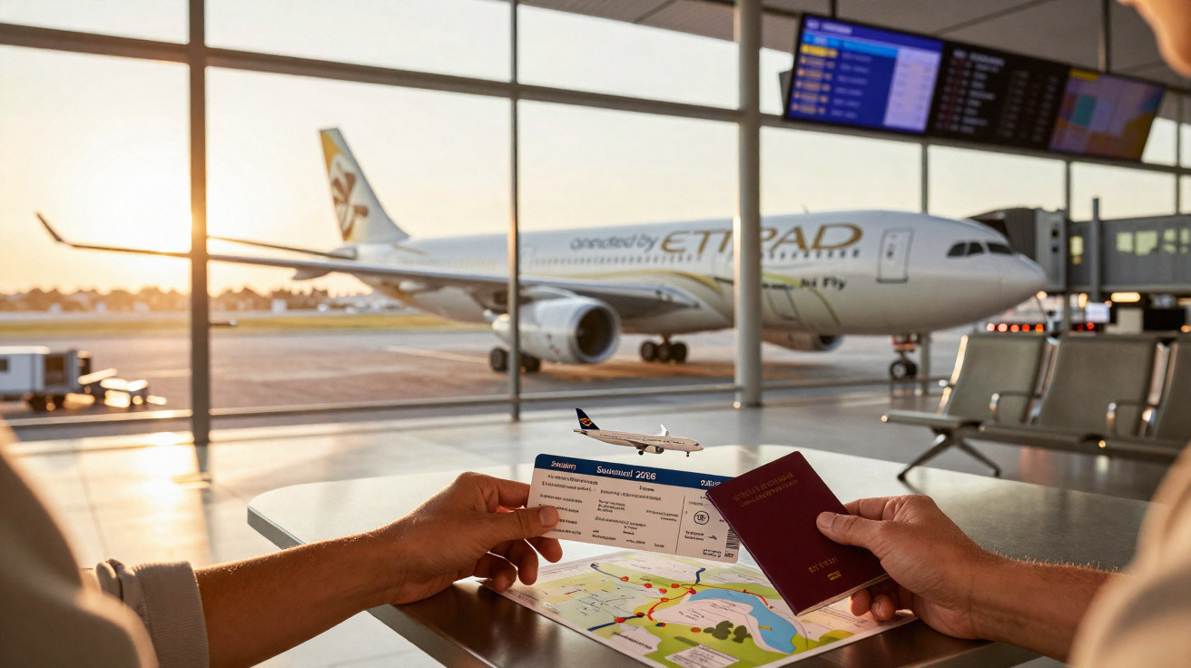 Pessoa segurando passaporte e cartão de embarque em aeroporto com avião ao fundo no pôr do sol.