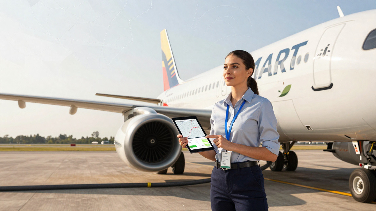 Mulher com crachá segura tablet com gráfico em aeroporto próxima a avião estacionado.