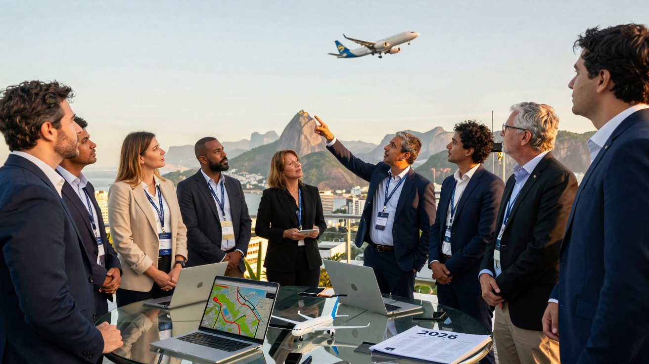 Grupo de profissionais em reunião externa com vista para avião, montanha e laptops em mesa de vidro.