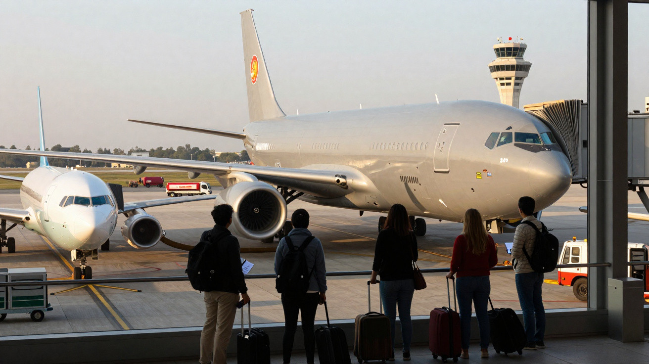 Quatro pessoas com malas observam pela janela dois aviões estacionados no terminal de aeroporto.