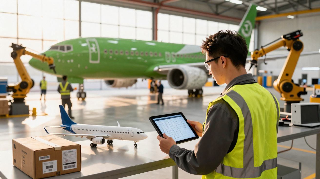 Homem inspecionando avião em hangar usando tablet, com modelo de avião e caixas sobre mesa.