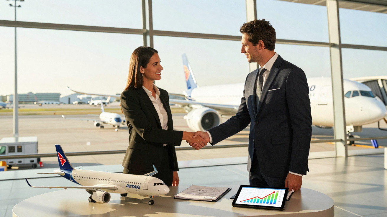 Homem e mulher de negócios apertando as mãos em aeroporto com maquete de avião e gráfico na mesa.