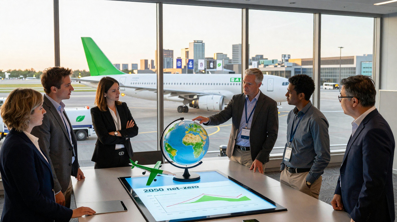 Grupo de profissionais em reunião no aeroporto com globo terrestre, gráfico e avião ao fundo.