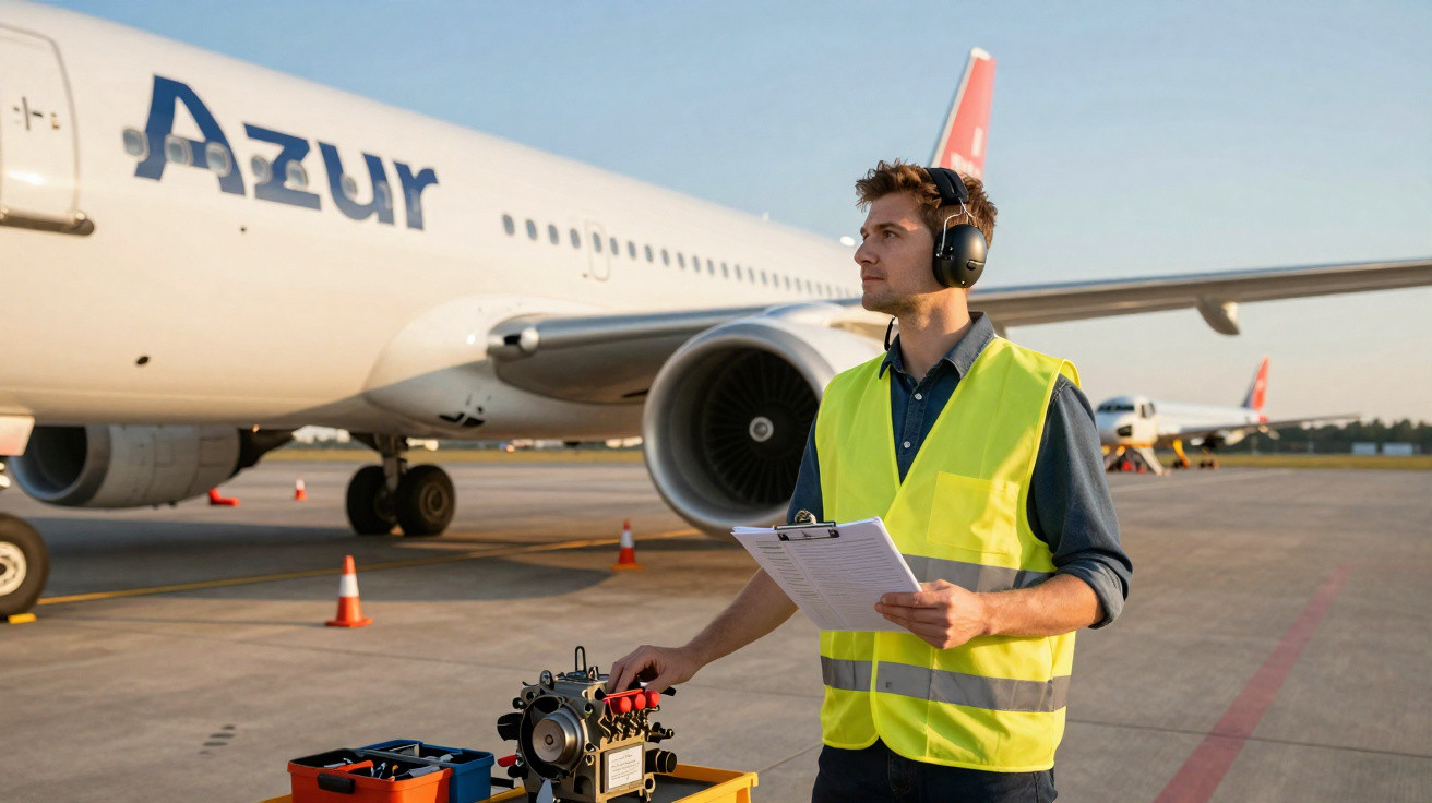 Homem com colete refletivo e protetor auditivo inspecciona motor de avião no aeroporto ao entardecer.