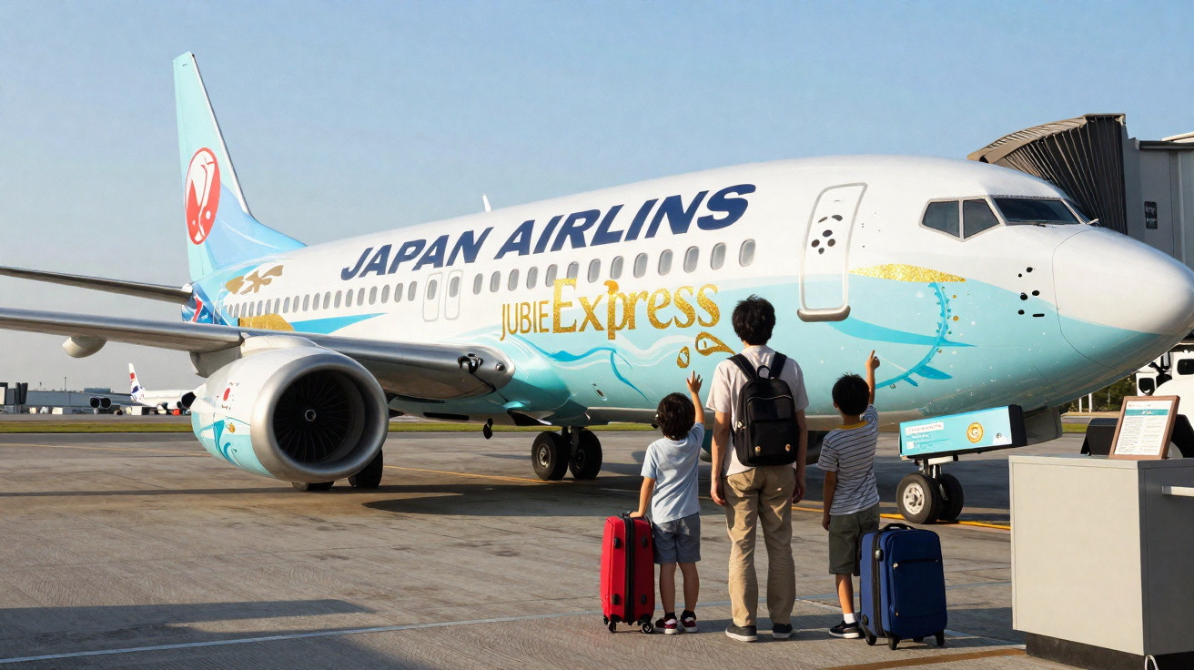 Homem e duas crianças com malas observam avião Japan Airlines no aeroporto.