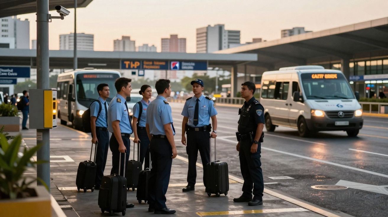 Grupo de jovens com uniformes e malas conversando com policial em terminal de transporte ao entardecer