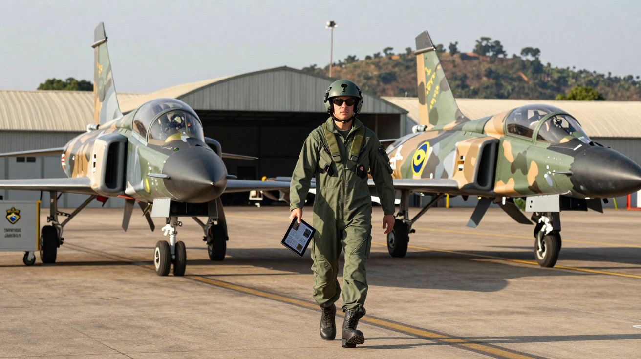 Militar em uniforme verde caminhando à frente de dois jatos de combate camuflados estacionados no hangar.