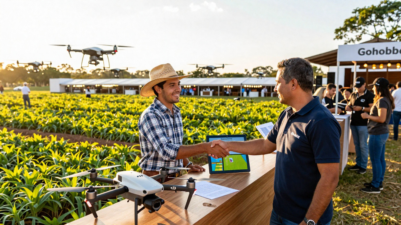 Duas pessoas apertando as mãos em feira agrícola com drones e plantações ao fundo.