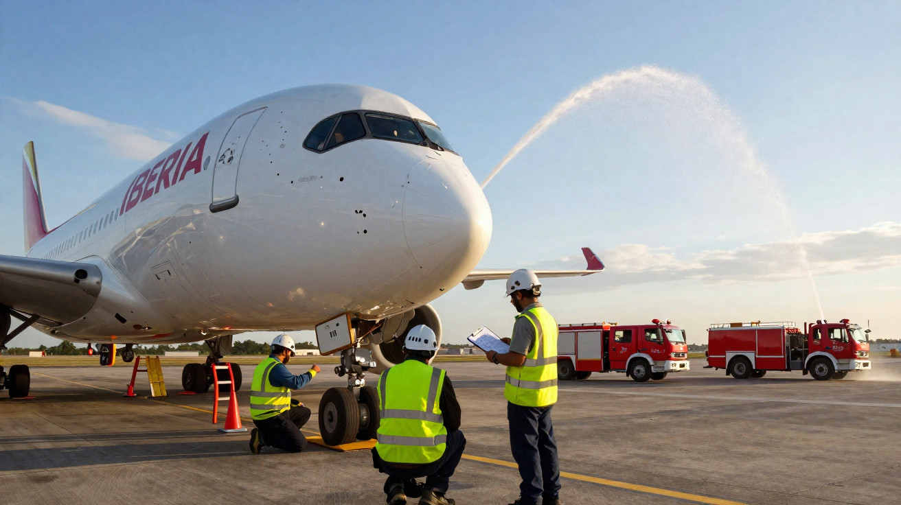 Funcionários revisando avião da Iberia no aeroporto com carros de bombeiros ao fundo jorrando água.