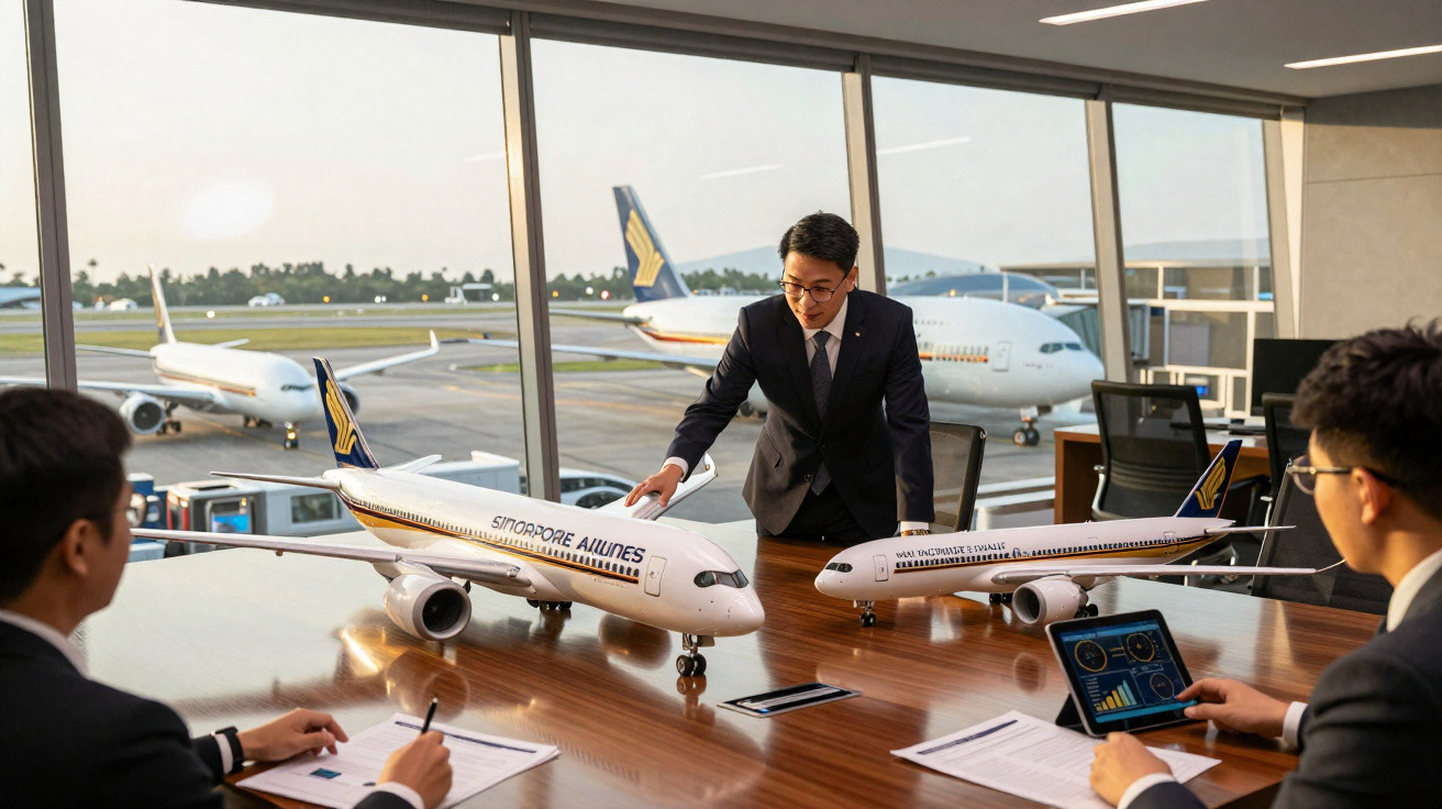 Reunião de negócios com modelos de aviões da Singapore Airlines em mesa com vista para pista de aeroporto.