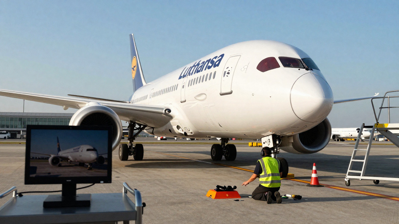 Avião branco da Lufthansa estacionado no aeroporto com funcionário em colete refletivo verificando a frente na pista.