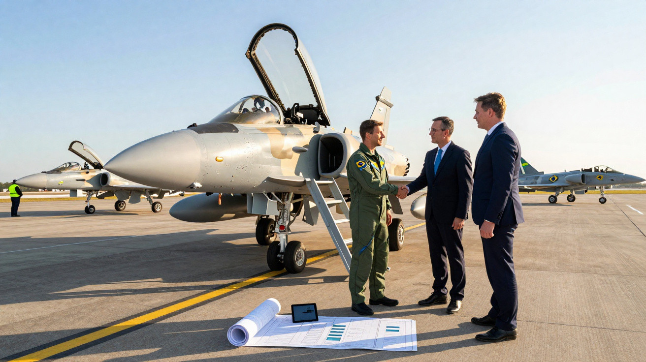 Piloto militar cumprimenta homem de terno próximo a caça em pista de aeroporto com outros jatos ao fundo.