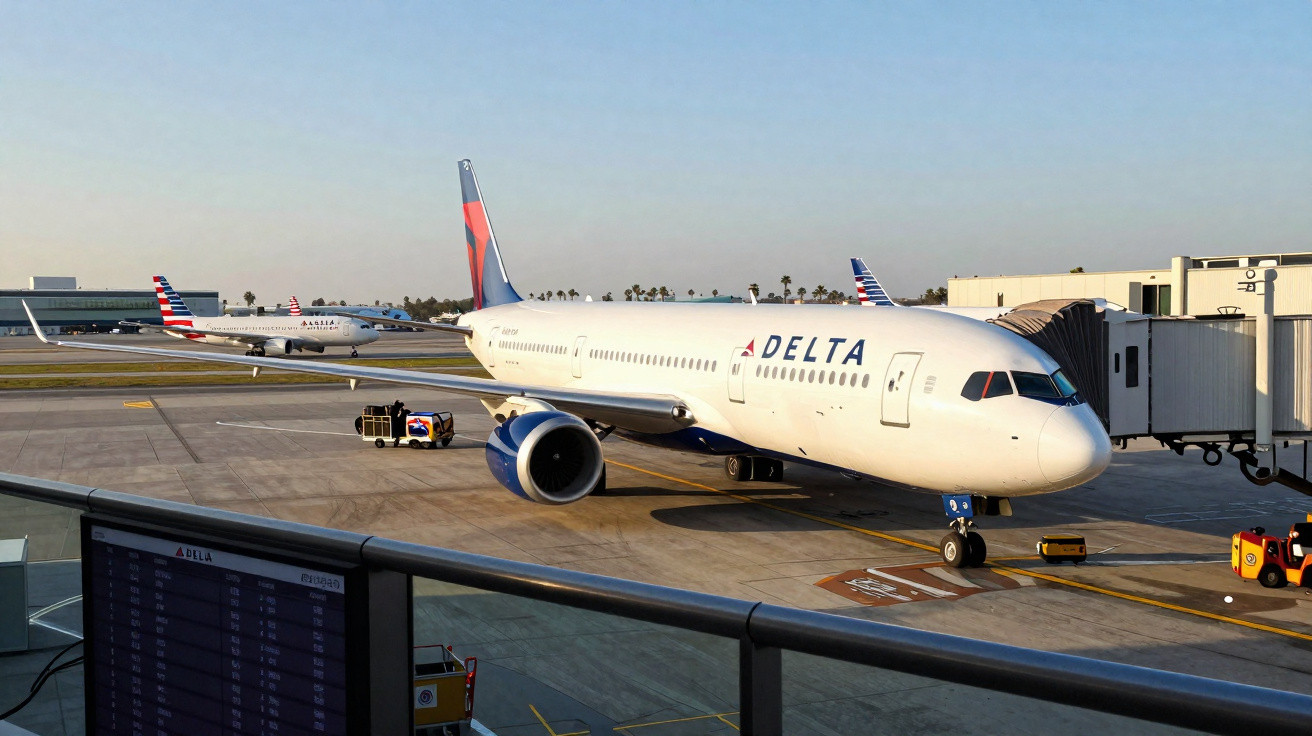 Avião da Delta Parkedo no portão de embarque com outras aeronaves da American Airlines ao fundo.