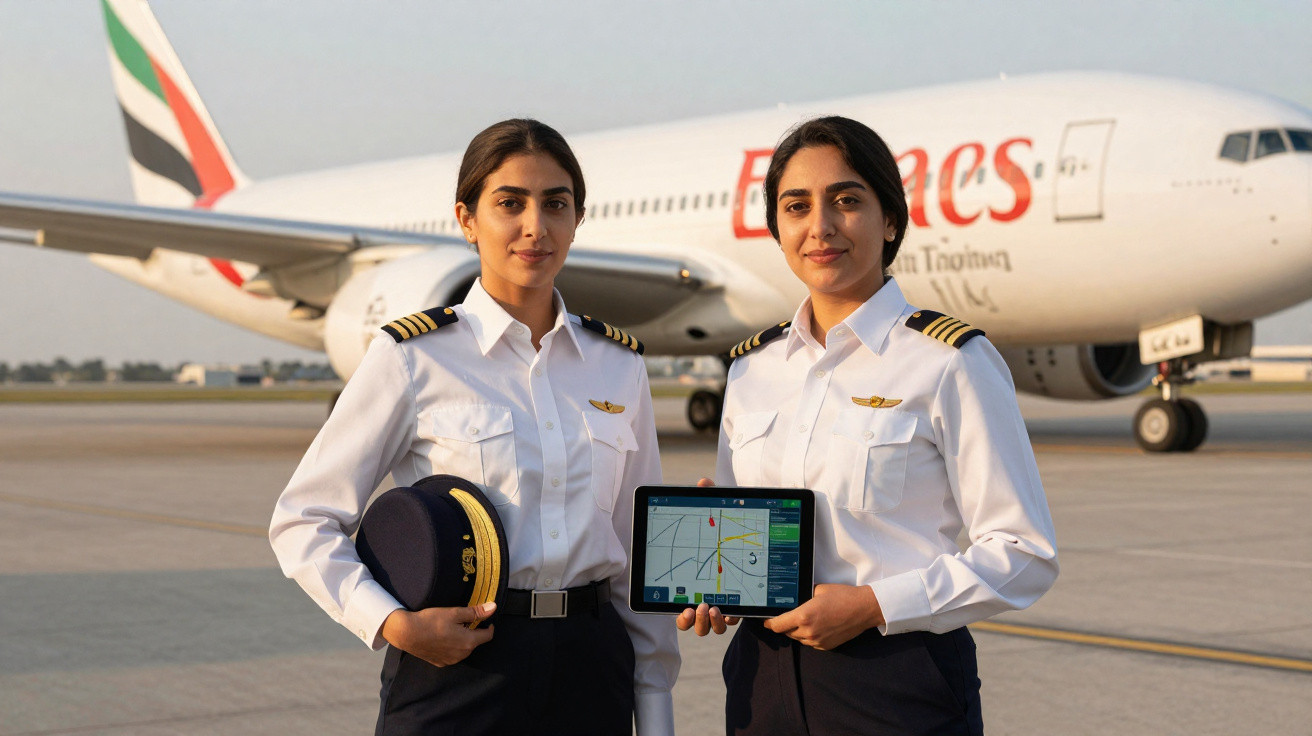 Duas pilotos femininas em uniforme branco em frente a um avião da Emirates no aeroporto.