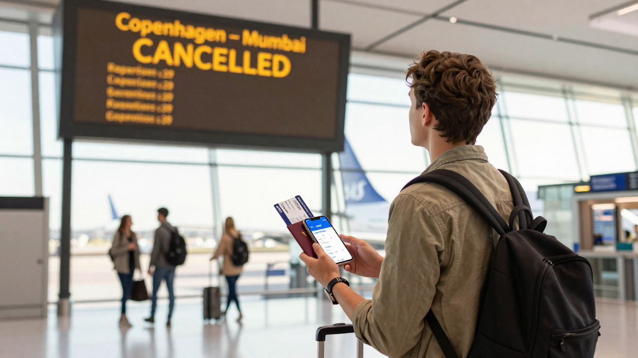 Homem olhando para painel de voos cancelados em aeroporto segurando celular, passaporte e cartão de embarque.