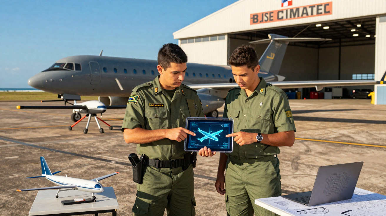 Dois militares analisam projeto digital de avião em tablet no pátio de hangar com avião real e maquete em mesa.