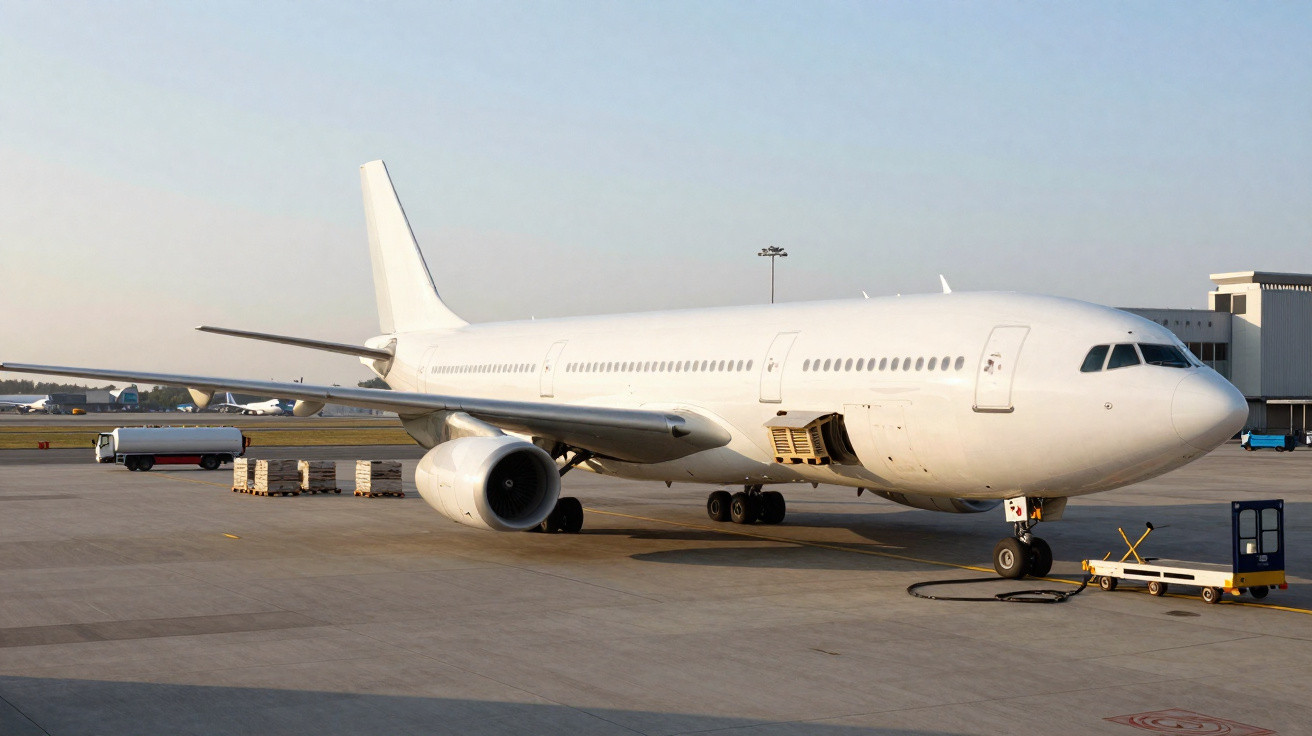 Avião branco estacionado em pátio de aeroporto durante o dia com equipamentos ao redor.