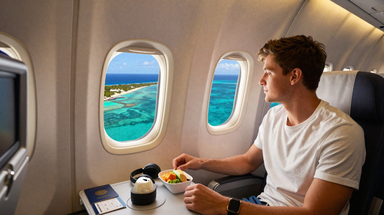Homem observando o mar azul e ilhas tropicais pela janela de avião enquanto faz refeição.